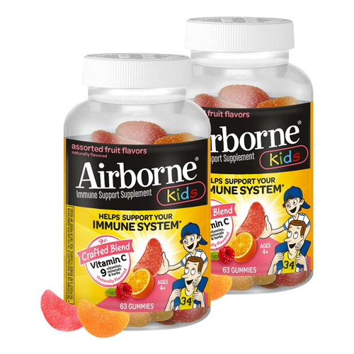 Airborne 500mg Vitamin C + Zinc Immune Support Supplement Gummies for Kids, Assorted Fruit Flavor, Gluten Free Crafted Blend with Powerful Antioxidants Vitamins C & E, 63 Gummies (2 Pack)