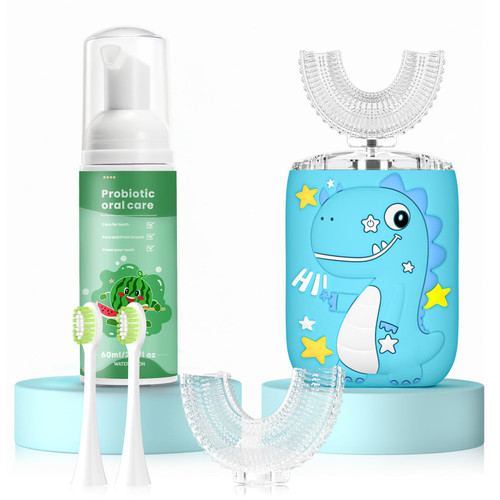 PVOGRT Kids Electric U Shaped Toothbrush,Kids Dinosaur Sonic Full Mouth Toothbrush with 4 Soft Brush Head Automatic 6 Cleaning Modes IPX7 Waterproof 360 Degree Cleaning - Age8-15 Watermelon Blue