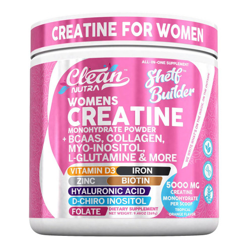 Creatine for Women | Creatine Monohydrate + BCAA Powder Myo-Inositol Collagen Biotin Hyaluronic Acid Folate L Glutamine Vitamin D3 Iron Zinc D-Chiro-Maca Digestion Shelf Builder By Clean Nutra