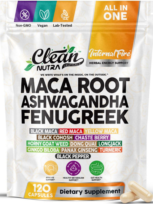 Clean Nutraceuticals Ashwagandha Maca Root Fenugreek Supplement with Tongkat Ali Ginseng - Assists with Stress, Mood & Thyroid - Ashwagandha Capsules Fenugreek Caps (120 Count (Pack of 1))