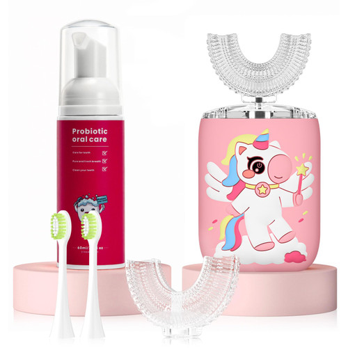 ELOTAME Kids Electric U Shaped Toothbrush, Kids Unicorn Sonic Automatic Toothbrush with 4 Soft Brush Heads with Toothpaste - (Age 2-7, Pink)