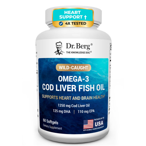 Dr. Berg Omega-3 Cod Liver Fish Oil 60 Softgels – Wild-Caught Icelandic Cod – Omega 3 EPA & DHA – Heart, Brain, Immune & Eye Support* – Lemon Flavor – 4X Lab-Tested – Non-GMO, No Fillers