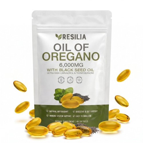 Resilia Softgels with Black Seed Oil 6000mg – Premium Grade Oregano Oil Capsules for Immune & Digestive Support – Non-GMO, Gluten-Free Softgels – Natural Herbal Wellness Supplement (60 Count)