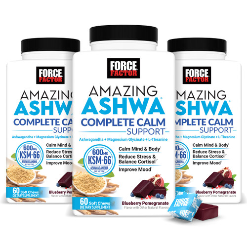 Force Factor Amazing Ashwa Complete Calm Support, KSM-66 Ashwagandha, Like Ashwangandha Gummies to Promote Calm & Relaxation with Magnesium & L-Theanine, Blueberry Pomegranate, 180 Soft Chews, 3-Pack