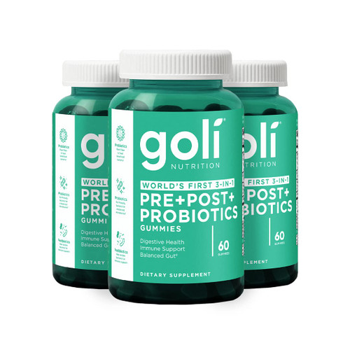 Goli Pre Pro Postbiotic Gummies - Worlds First 3-in-1 Formula with DE111 Probiotics, XOS Prebiotics, MCC1849 Postbiotics - Vegan, Non-GMO, Gluten-Free, 180 Count (3 Pack)