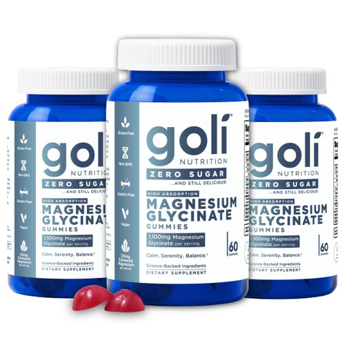Goli Zero Sugar Magnesium Gummies - 125mg Magnesium Citrate with Vitamin D 60 Count Each (3 Pack, 180 Total) - No Artificial Sweeteners, No Sugar Alcohols - Vegan, Keto-Friendly, Gluten-Free