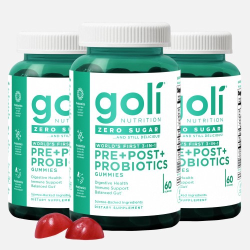 Goli Zero Sugar Pre Pro Postbiotic Gummies, 60 Count Each (3 Pack, 180 Total) - Worlds First 3-in-1 with DE111, XOS, MCC1849 - No Sugar Alcohols - Vegan, Keto-Friendly, Non-GMO