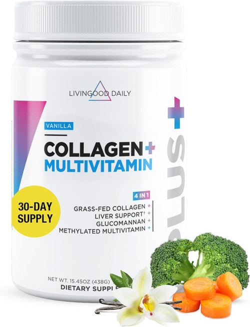 Livingood Daily Collagen Powder for Women and Men, Vanilla, Grass Fed Protein, Hydrolyzed Collagen Peptides with Vitamin C & Multi Vitamins for Hair, Skin, Nail & Gut Health, Gluten Free, 30 Servings