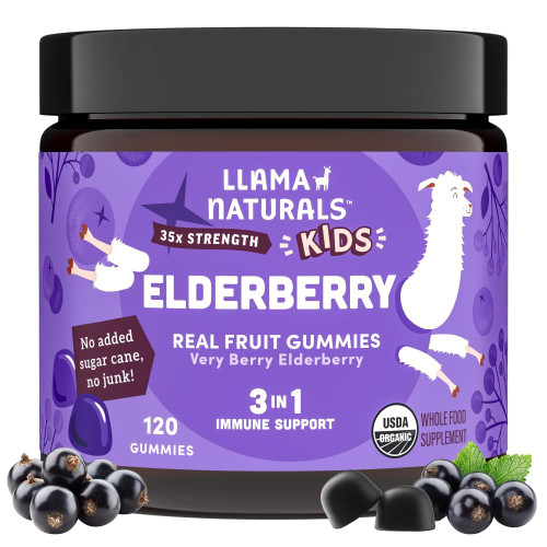 Llama Naturals Elderberry Gummies for Kids, Organic Bilberry, Vegan, Organic Immune Support with Vitamin C & Zinc, Toddler Real Fruit Gummy Vitamins for Immunity, Chewable, No Added Cane Sugar, 120 Ct