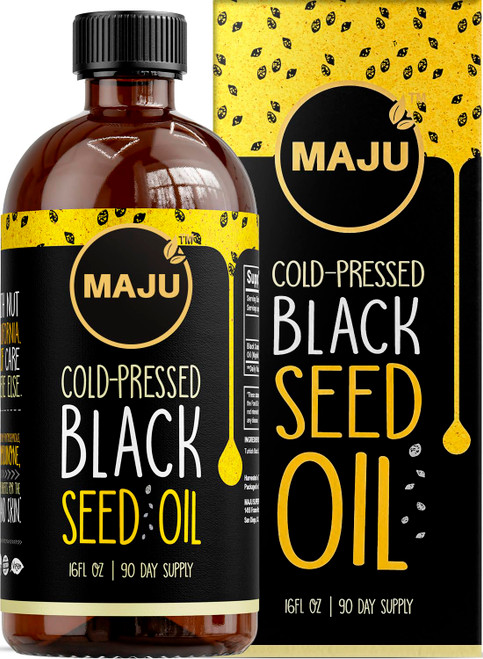 MAJU's Black Seed Oil 16oz: 2X Thymoquinone, Cold Pressed Turkish Black Cumin Nigella Sativa Seed Oil (Better Than Organic), Non-GMO, 100% Liquid Pure Blackseed, Glass Bottle
