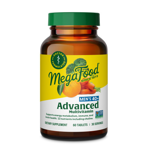 MegaFood Men's 40+ Advanced Multivitamin for Men - Dr-Formulated - Choline, Vitamin B, Vitamin C, Vitamin D, Zinc & Real Food - Brain Health, Immune Support - Vegetarian - 60 Tabs (30 Servings)