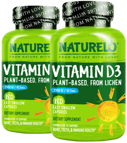 NATURELO Vitamin D - 2500 IU - Plant Based from Lichen - Natural D3 Supplement for Immune System, Bone Support, Joint Health - Vegan - Non-GMO - Gluten Free - 180 Capsules (Pack of 2)