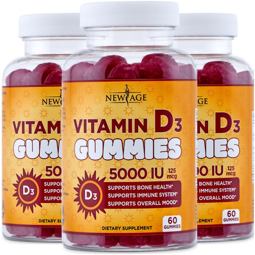 NEW AGE Vitamin D3 5000 IU 125mcg Gummies - Immune Supplement - Non-GMO, Gluten-Free, Dairy-Free, No Gelatin (180 Gummies (Pack of 3))