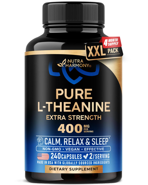 L Theanine 400 mg | L-Theanine Stress Relief | Extra Strength Supplement | Lab Tested | Relaxation, Sleep & Calm Support | For Men & Women | Plant Based, Non-GMO & Gluten-Free | 240 Vegan Capsules