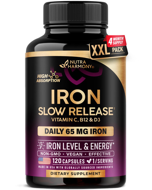 Iron Supplement for Women - Iron 65mg (Ferrous Sulfate 325mg) - Stomach Friendly | Slow Release Iron | High Absorption - Vitamins C, D3, B6, B12 & Folate - Iron Level & Energy Support - 120 Capsules