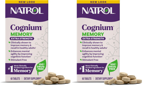 Natrol Cognium Memory Extra Strength, Brain Health Supplements for Adults, Brain Memory Supplements, Enhances Mental Agility in Healthy Adults, 60 Tablets, Up to a 30 Day Supply, (Pack of 2)