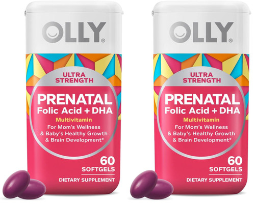 OLLY Ultra Strength Prenatal Multivitamin Softgels, Supports Healthy Growth, Brain Development, Iron, Folic Acid, DHA, Vitamins C, E, 30 Day Supply-60 Count (Pack of 2)