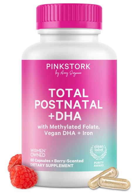 Pink Stork Total Postnatal Vitamins for Women | Vegan Algae DHA, Methylated Folate, Iron, B12 | Postpartum Recovery + Lactation Support | No Fishy Burps | Clean Label Award Winner, 60 Capsules, Berry