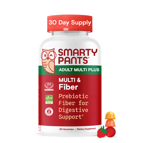 SmartyPants Plus Multi & Fiber Men and Women's Multivitamin Gummies with Prebiotic Fiber, Omega 3 DHA/EPA, Vitamin D3, C, B12, B6, A, K, Zinc, Clean Label, Three Fruit Flavors,90 Count (30 Day Supply)