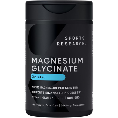Sports Research® Magnesium Glycinate - Supports Restful Sleep & Enzymatic Processes - 160 mg Chelated Magnesium - Vegan Capsule - 180 Count