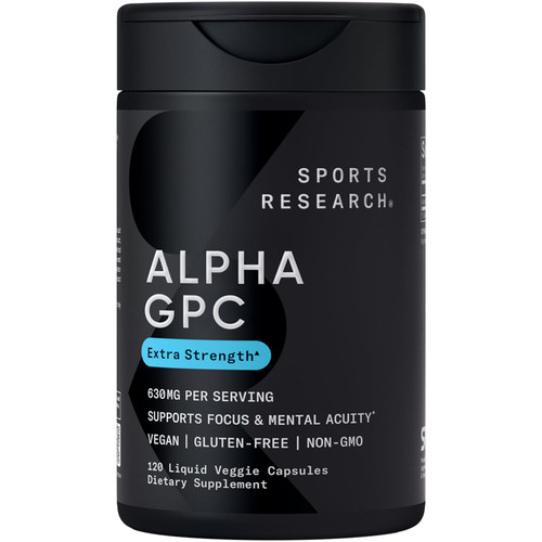 Sports Research® Alpha GPC 630mg (Extra Strength) - Bioavailable Source of Choline - Focus & Cognitive Support for Women & Men - Vegan Certified · Non-GMO · Gluten Free - 120 Liquid Capsules