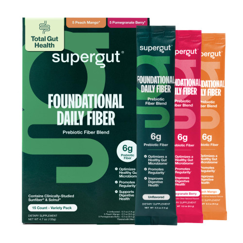 Supergut Foundational Daily Fiber, Vegan & Sugar Free Prebiotic Powder Blend for Gut Health & Digestive Support, Plant Based Supplement for Men & Women with 6g of Fiber, Variety Pack, 15 Stick Packs