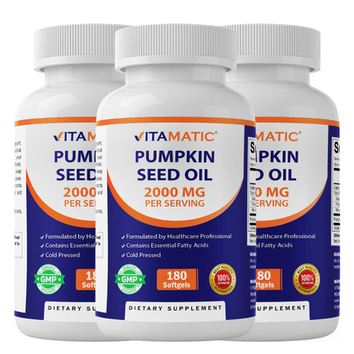 Vitamatic Pumpkin Seed Oil 2000mg per Serving – 3 Pack (540 Softgels Total) – 1000mg per Softgel Supports Prostate Health, Urinary Tract Function & Heart Health