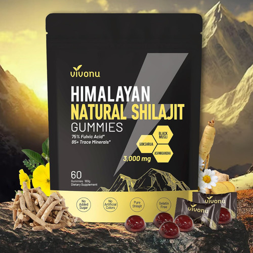 Himalayan Shilajit Gummies with Ashwagandha & Gokshura | 85+ Trace Minerals & Fulvic Acid | Organic, Non-GMO Micronutrient Supplement for Men & Women | 100% Pure & Natural (3000MG /2 Bag)