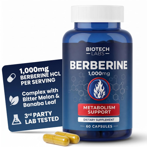 Biotech Labs Berberine HCl 1000 mg with Bitter Melon and Banaba Leaf, 60 Capsules, 30-Day Supply