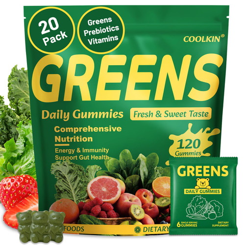 COOLKIN Greens Daily Gummies, Adult Super Greens Multivitamin Superfood Gummies with Spirulina, Chlorella, Adaptogens & Prebiotic Fiber - Digestive Health Support, (20 Count)