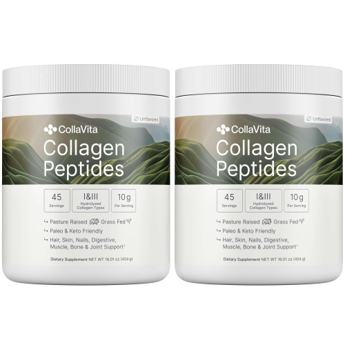 Colla Vita Collagen Peptides Powder Grass-Fed Pasture-Raised Hydrolyzed Collagen Powder, Type I & III Hair, Nails, Skin and Joints, Non-GMO, Paleo & Keto, Unflavored, 16 Fl oz. 2 Pack, 45 Servings