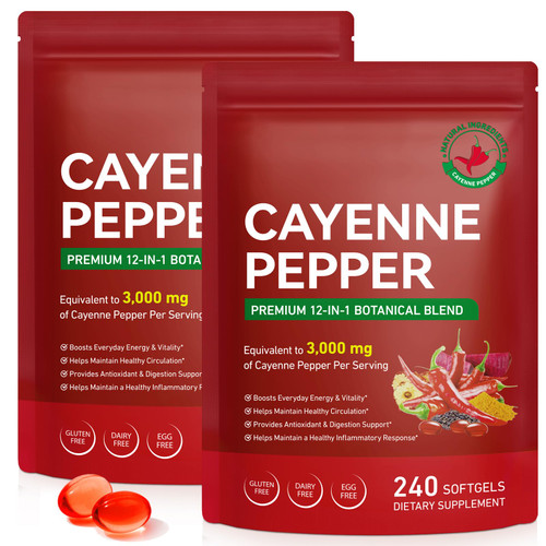 2 Pack Cayenne Pepper Softgels Supplement, Rich in Vitamin E D3+K2 and Extracts of Grape Seed, Hawthorn, Beetroot and Others, Supports Leg Vein, Heart and Blood Vessel Health
