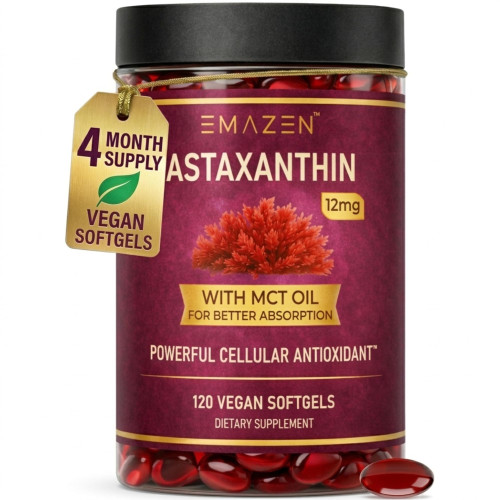 EMAZEN Astaxanthin 12mg with MCT Coconut Oil| | Natural Astaxanthin Supplements Support Skin and Eye Health | Antioxidant Supplement | 4 Month Supply | 120 Vegan Softgels