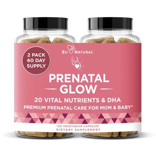 Eu Natural Glow Prenatal Vitamins for Women - 20-in-1 Prenatal Multivitamin with Folate & Vegan DHA - Supports Healthy Pregnancy, Fetal Development & Mom’s Comfort - 120 Vegetarian Capsules