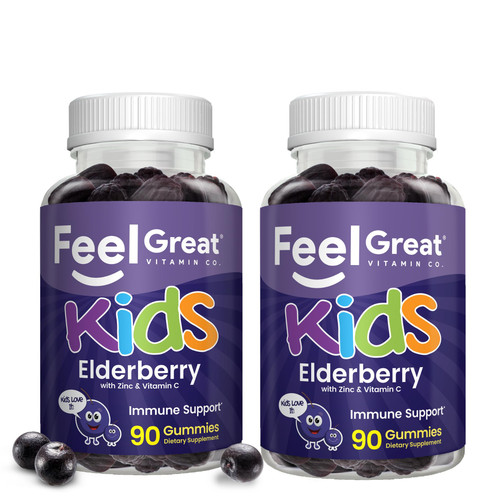 Feel Great Vitamin Co. Elderberry Gummies for Kids | Immune Support | Natural Antioxidant Immune Booster | with Vitamin C and Zinc | Gluten Free & Vegetarian | 90 ct 2 Pack