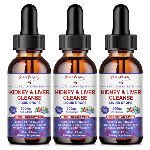GREENPEOPLE Kidney Cleanse Detox & Repair - 27-In-1 Kidney & Liver Drops with 20:1 Cranberry Extract & Chanca Piedra, Alcohol-Free Supplement for Urinary Tract & Liver Support (2 Oz 3 Pack, Blueberry)