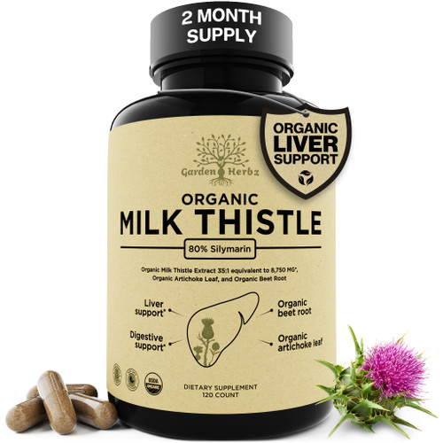 Garden of Herbz USDA Organic Milk Thistle Liver Detox Capsules, 80% Silymarin 250 mg, 120 Count (2 Month Supply) with Beet Root & Artichoke Extract for Liver Health, Vegan, Non-GMO, Made in USA
