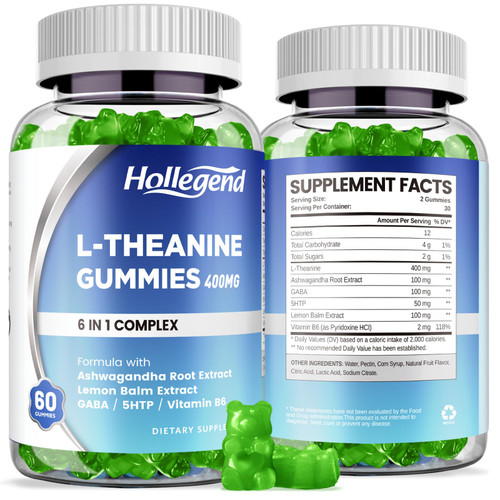 L-Theanine Gummies, l'theanine 400mg with Ashwagandha, GABA, 5HTP,L-Theanine Chewable Supplement for Relax, Zzz & Focus Support, Vegan, Lemon Flavor, 120 Counts