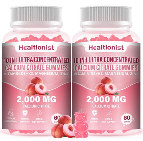 Healtionist 2 Packs 2000mg Calcium Citrate with Vitamin D3 K2 Supplements Gummies for Women & Men, Magnesium, Zinc, High Absorption, Bone, Muscle & Immune Support, 120 Counts Peach Flavor Gummies
