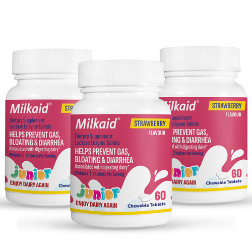 Milkaid Junior Lactase Enzyme Chewable Tablets for Lactose Intolerance | Prevents Gas, Bloating, Diarrhea in Children| Fast Acting Dairy Digestive Supplement for Kids| Strawberry Flavor | 60 ct (3)