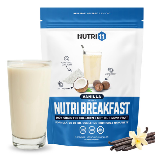 Nutri11 NutriBreakfast by Nutrillermo/Keto Protein Collagen Powder with MCT Oil/MCT Oil Powder with Collagen/Keto Collagen Peptides Powder with Grass-Fed Bovine Collagen Type I & III (15.9, Vanilla)