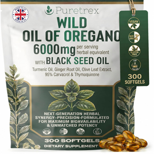 PURETREX Wild Oil of Oregano with Black Seed Oil 300 Softgels, Oregano Oil Supplement with Turmeric, Ginger, Olive Leaf, MCT Oil & Black Pepper Extract, Vegan Non GMO, Made in UK