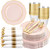 Liacere 175PCS Pink Plates Disposable - Pink and Gold Plates 25guest Baroque Plastic Dinnerware include 50Plates, 25Pack Pre Rolled Napkins with Silverware 25Cups Perfect for Wedding & Party