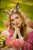 MOSTORY Handmade Gold Flower Antler Headband - Woodland Floral Reindeer Headpiece with Deer Ears Forest Fairy Hairband for Women Girls Renaissance Halloween Cosplay Party Prom Photo Props Pink Rose