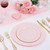 FLOWERCAT 100PCS Pink Plastic Plates - Heavy Duty Pink Party set Disposable serve for 50 guests -10 inch Dinner + 7 inch Dessert/Salad Plates for Easter,Birthday Party,Mother's Day