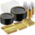 GATHER 350PCS Black Plastic Plates - Black and Gold Disposable Dinnerware Set Include 100 Plates, 150 Gold Silverware, 50 Napkins, 50 Cups for Party & Wedding & Birthday
