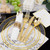 Joyido 400PCS Pre Rolled Gold Plastic Silverware Sets - Heavy Duty Hammered Gold Cutlery Include 100 Pack Wrapped Disposable Utensils with Napkins for Parties, Dinners & Weddings