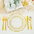 150 PCS Clear Gold Disposable Dinnerware Set for 25 Guests, Clear and Gold Plastic Plates for Party, 25 Dinner Plates, 25 Salad Plates, 25 Cups, 25 Spoons Forks Knives for Wedding and Party Supplies
