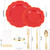 NOCCUR 175PCS Red Plastic Plates with Gold Disposable Silverware - Include 50 Red Gold Plastic Plates,25 Knives,25 Forks,25 Spoons,25 Cups and 25 Napkins - Ideal for Party/Independence Day/Wedding