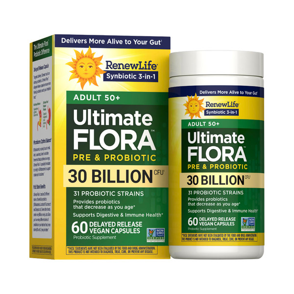 Renew Life Probiotic Adult 50 Plus Probiotic Capsules, Daily Supplement Supports Urinary, Digestive and Immune Health, L. Rhamnosus GG, Dairy, Soy and gluten-free, 30 Billion CFU, 60 Count